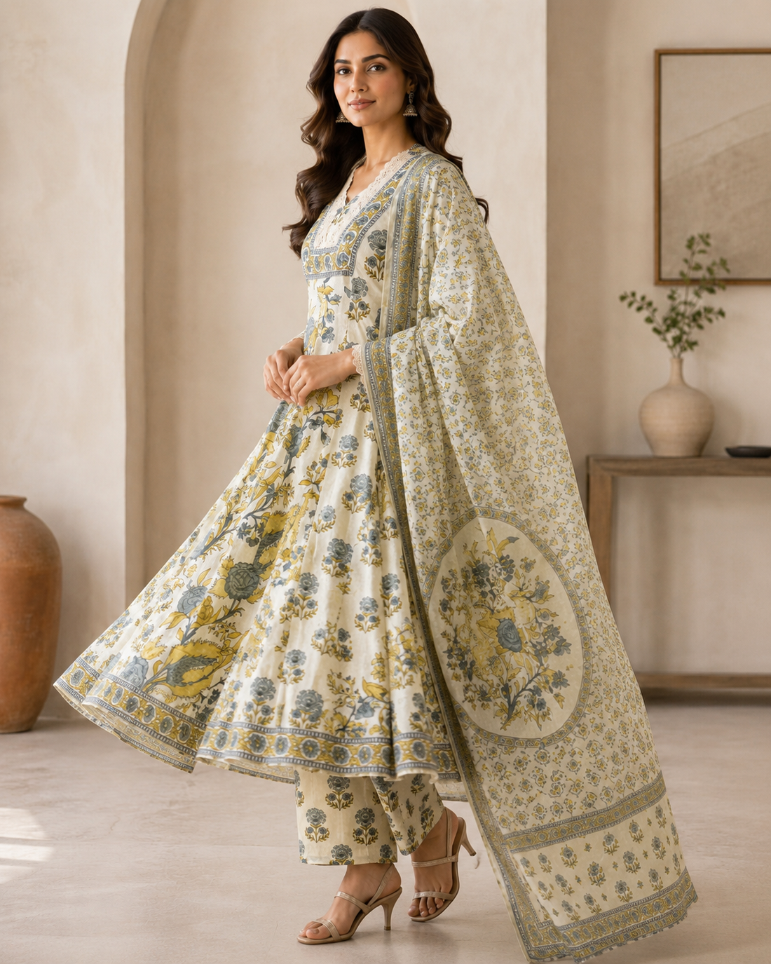 Off-White Floral Printed Flared Kurta Set