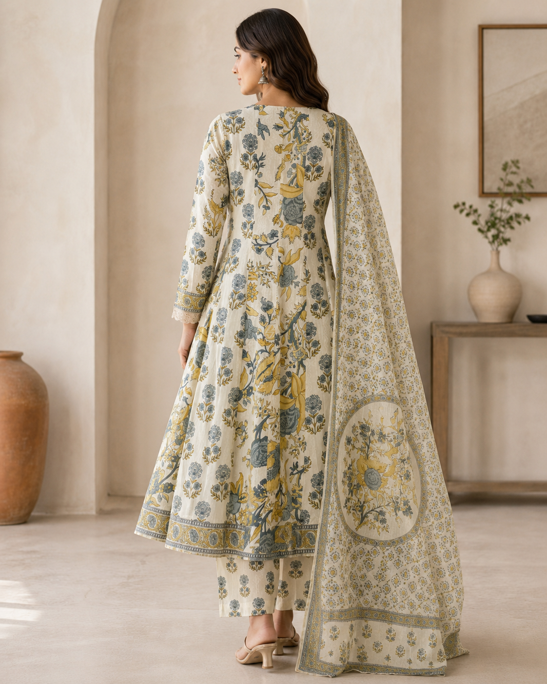 Off-White Floral Printed Flared Kurta Set