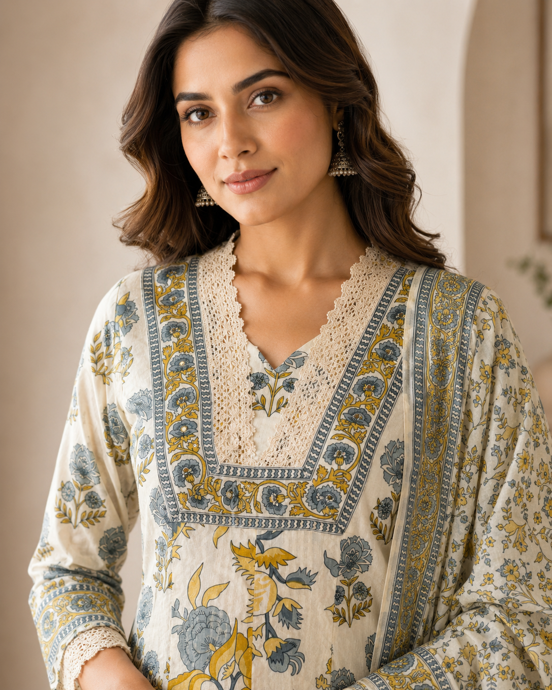 Off-White Floral Printed Flared Kurta Set