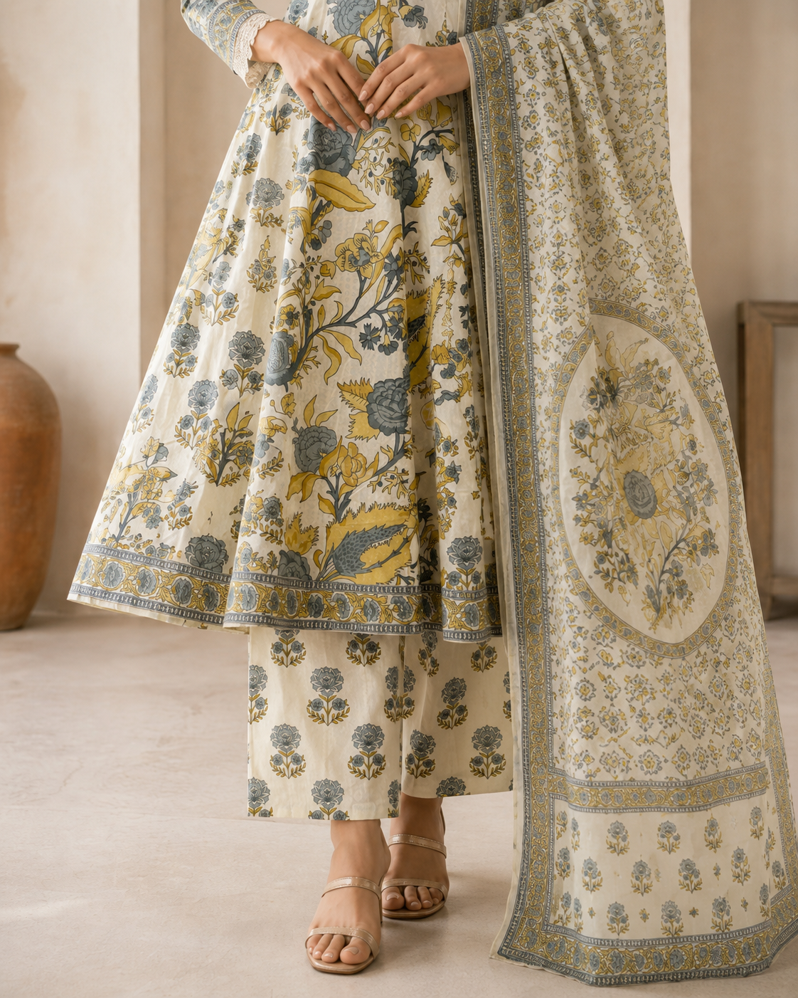 Off-White Floral Printed Flared Kurta Set