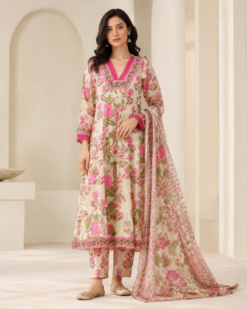 Pink Floral Printed Kurta Pant Dupatta Set