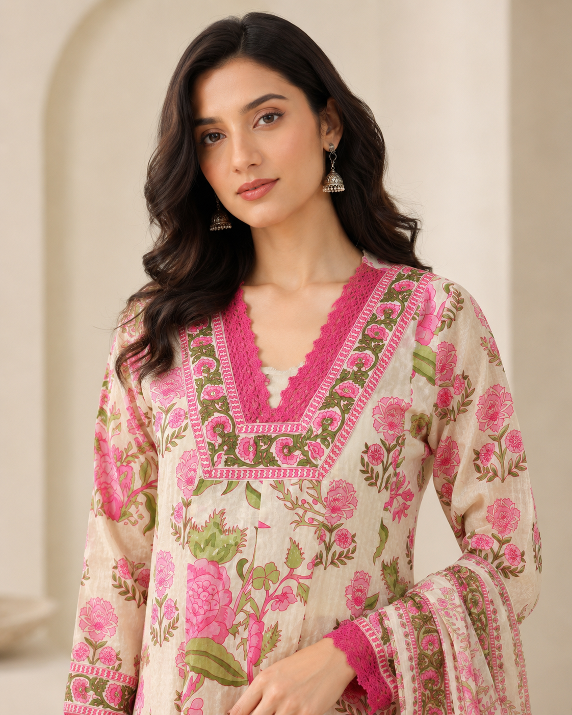 Pink Floral Printed Kurta Pant Dupatta Set