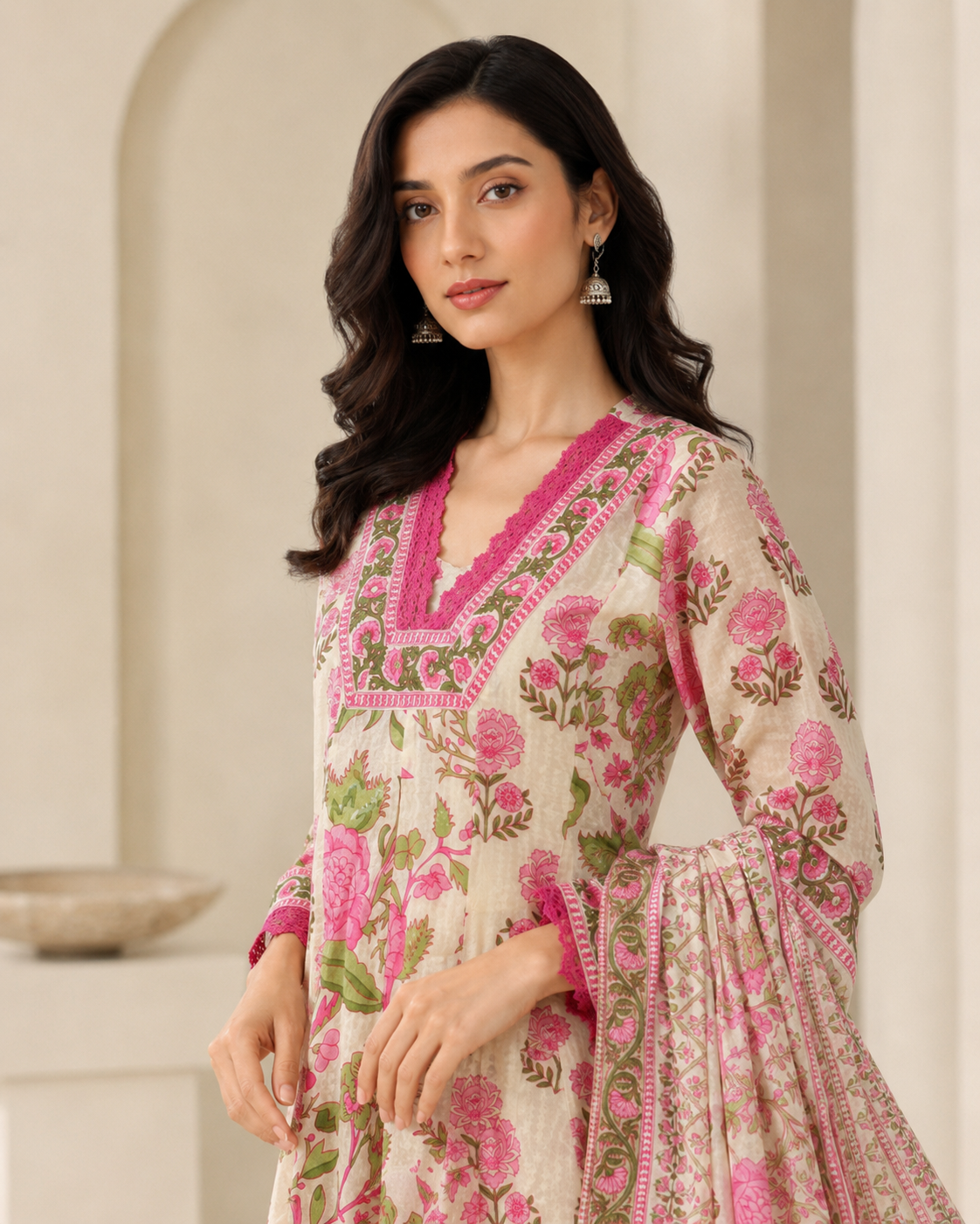 Pink Floral Printed Kurta Pant Dupatta Set