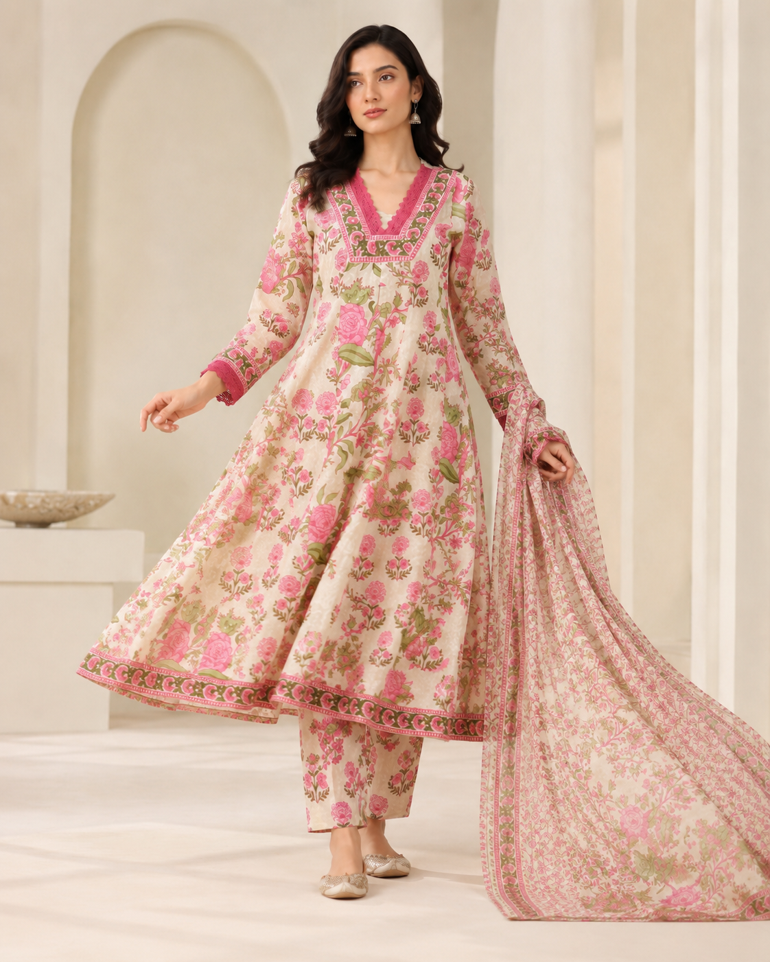 Pink Floral Printed Kurta Pant Dupatta Set