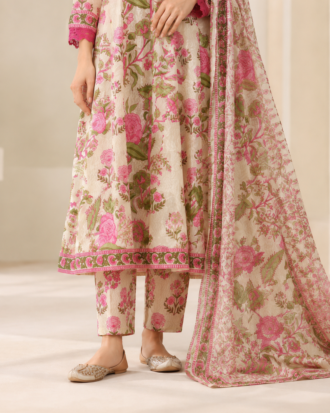 Pink Floral Printed Kurta Pant Dupatta Set