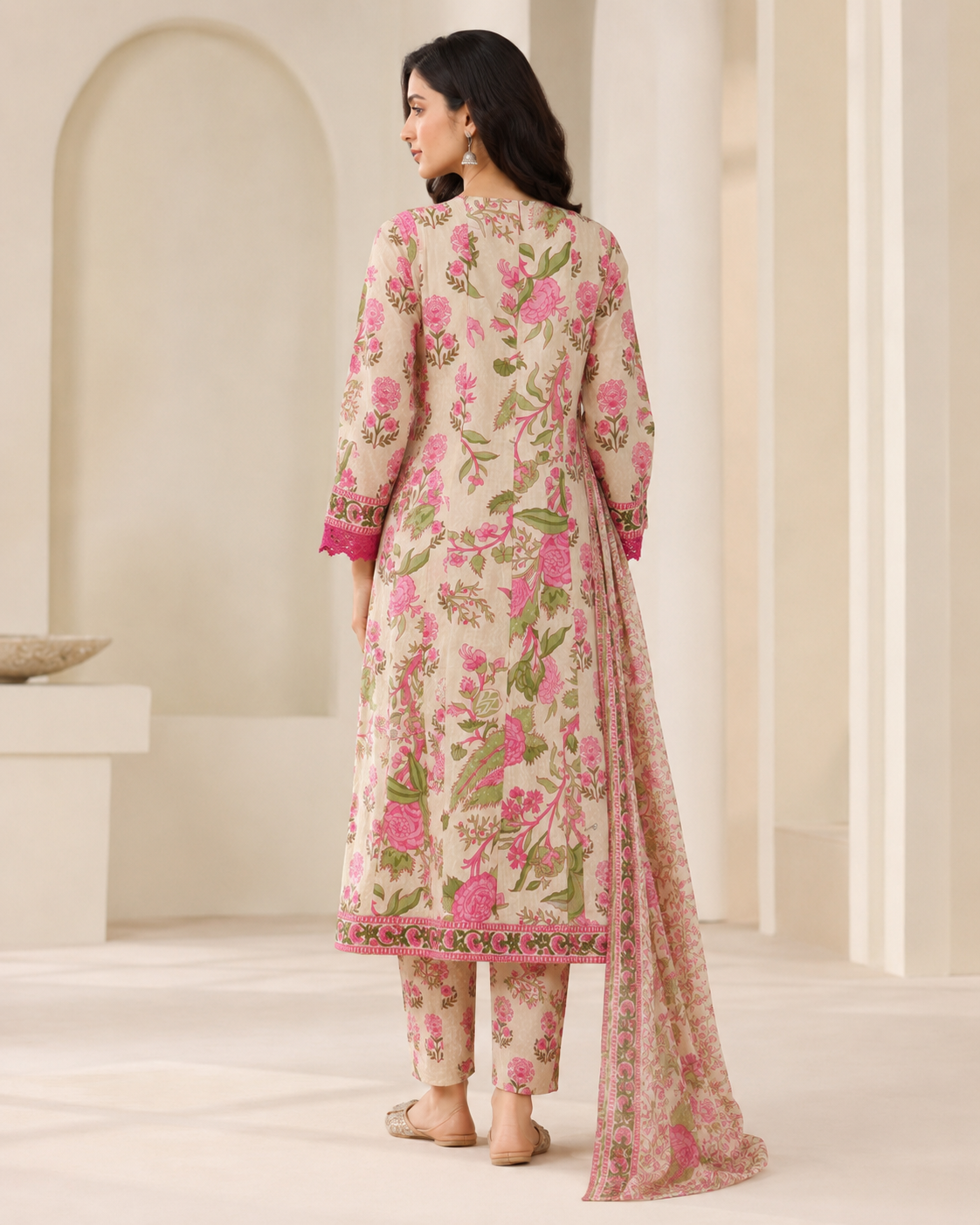 Pink Floral Printed Kurta Pant Dupatta Set