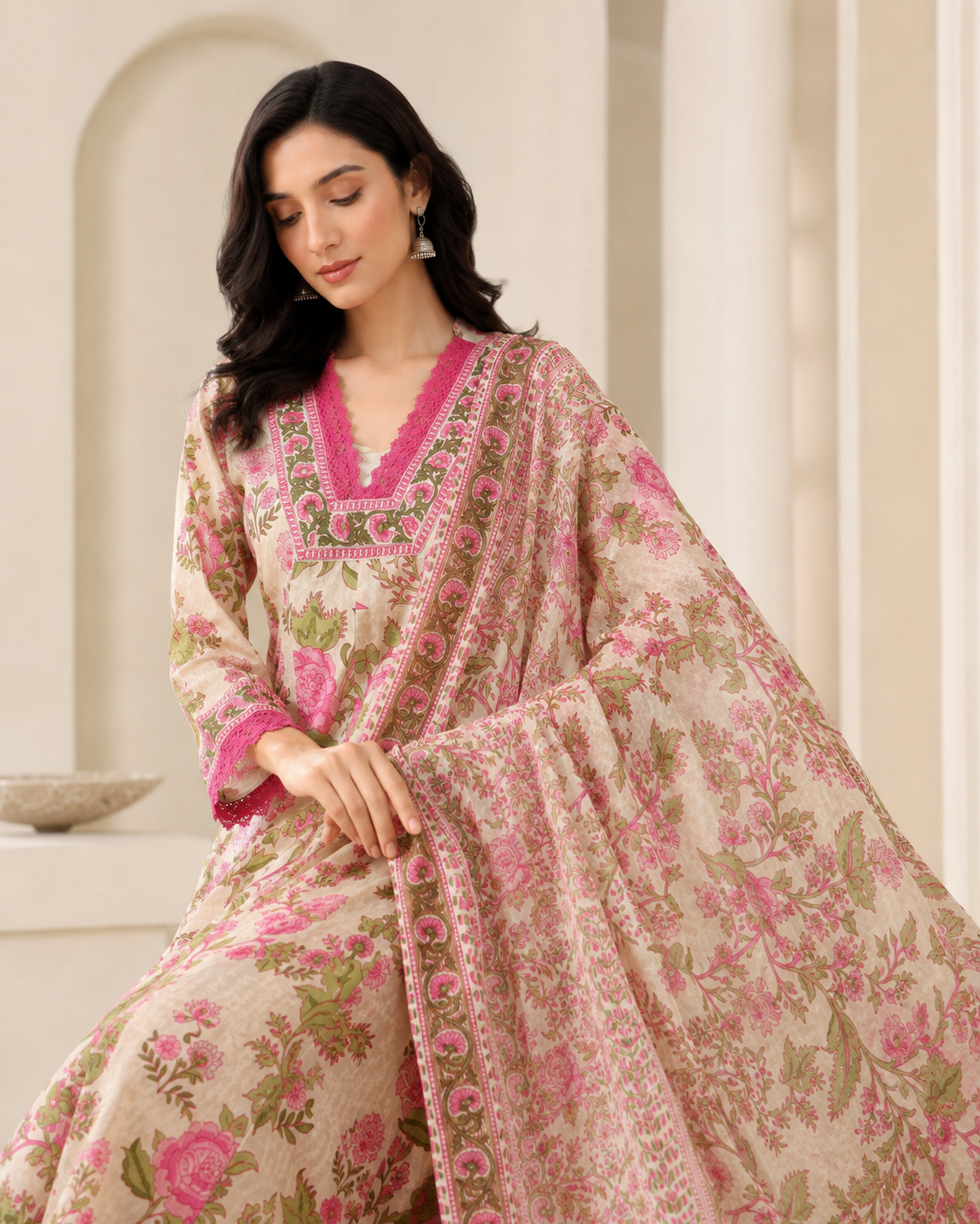 Pink Floral Printed Kurta Pant Dupatta Set
