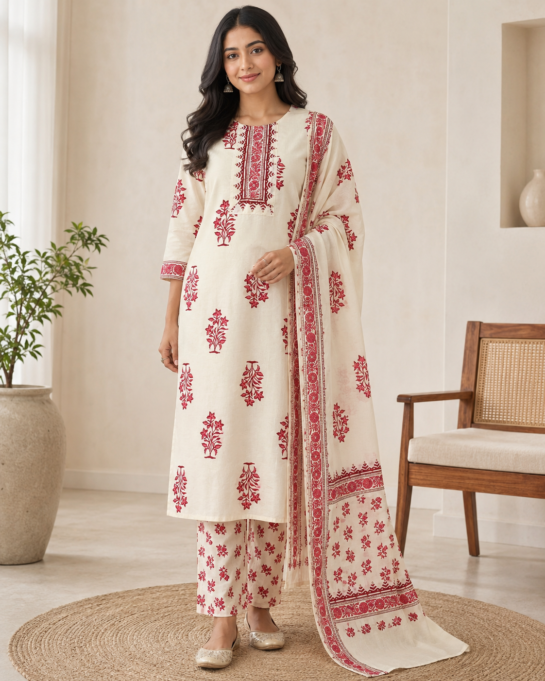 Ivory Red Floral Printed Kurta Pant Set