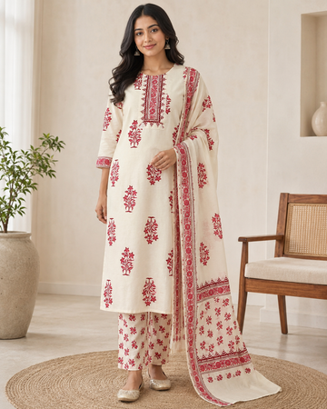 Ivory Red Floral Printed Kurta Pant Set