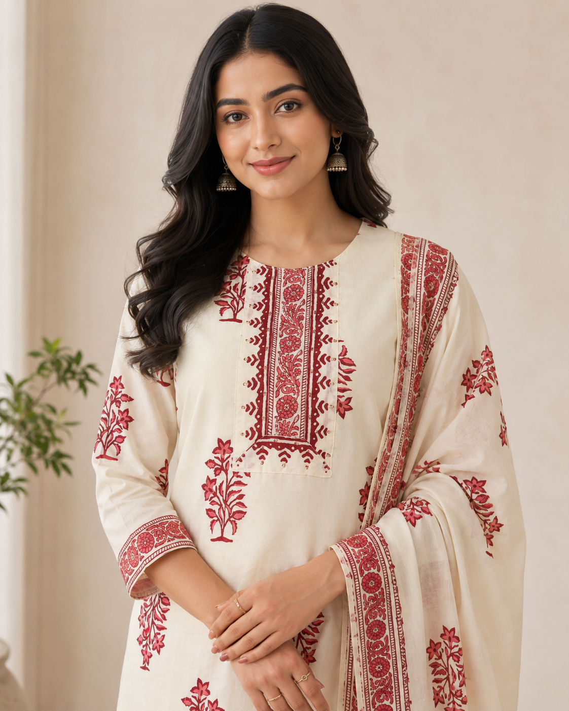 Ivory Red Floral Printed Kurta Pant Set