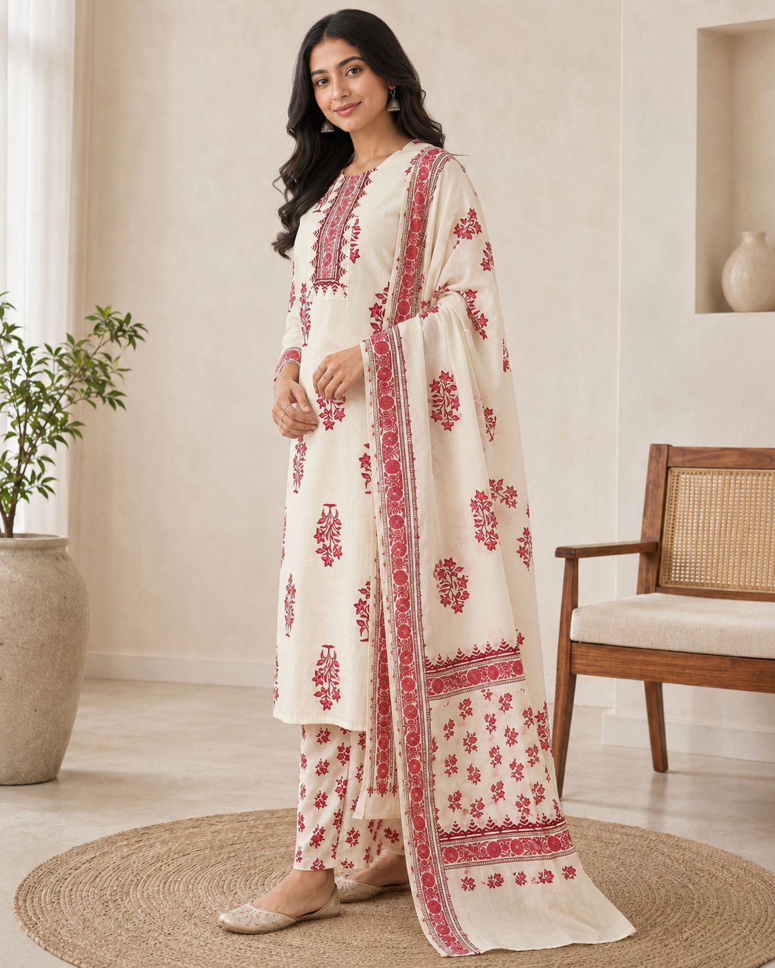 Ivory Red Floral Printed Kurta Pant Set