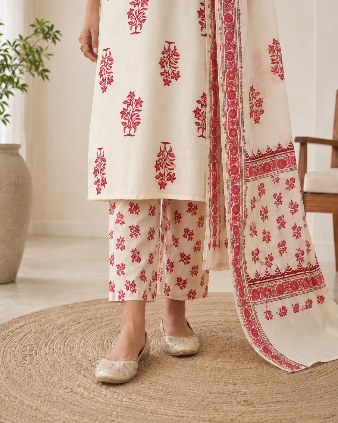 Ivory Red Floral Printed Kurta Pant Set