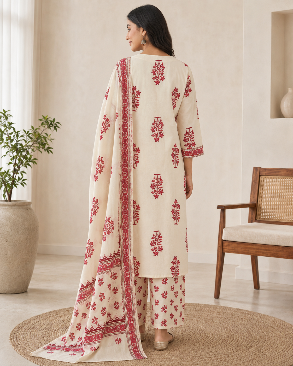 Ivory Red Floral Printed Kurta Pant Set