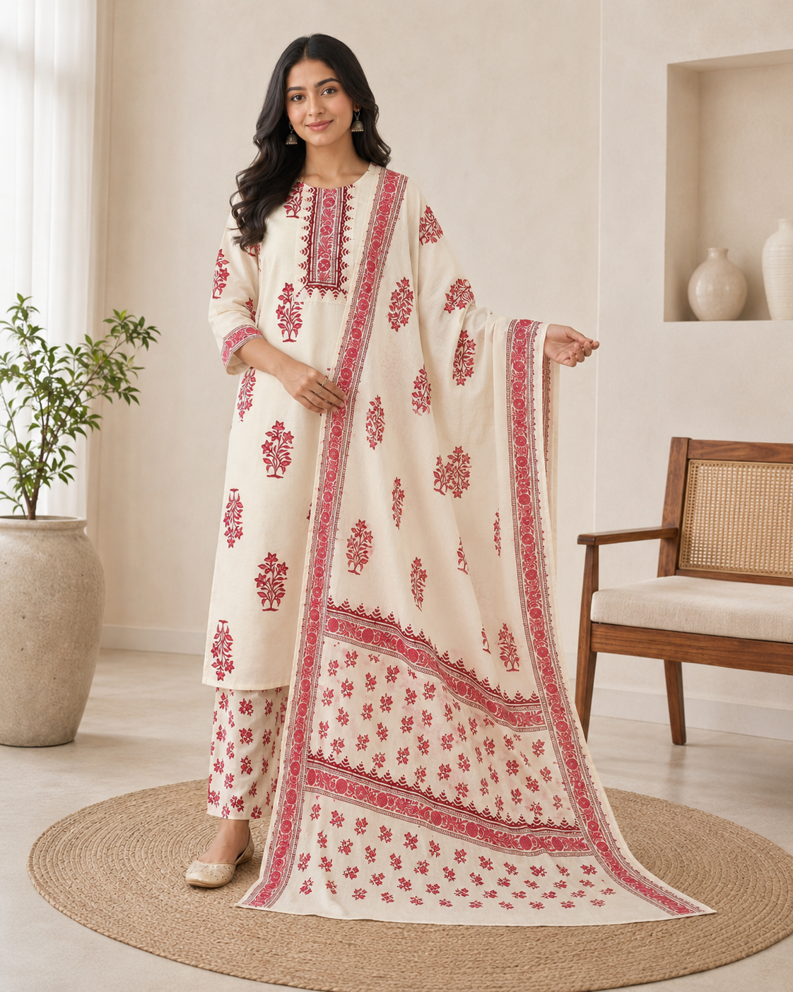 Ivory Red Floral Printed Kurta Pant Set