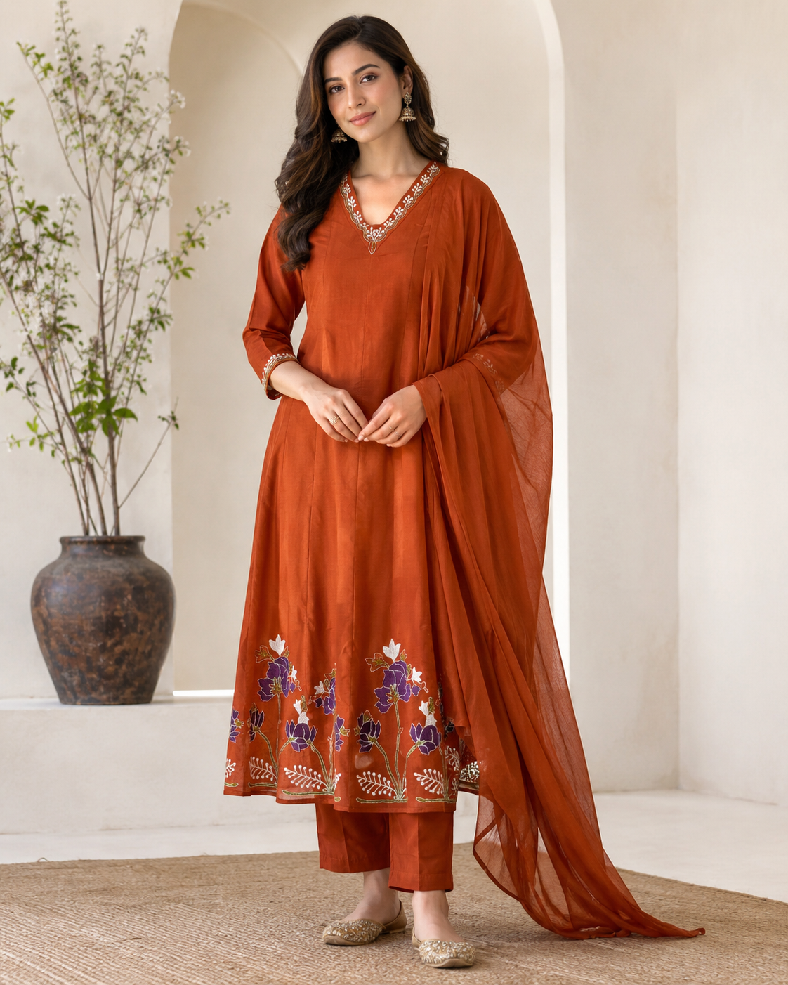 Rust Terracotta Embroidered Kurta Pant Dupatta Set