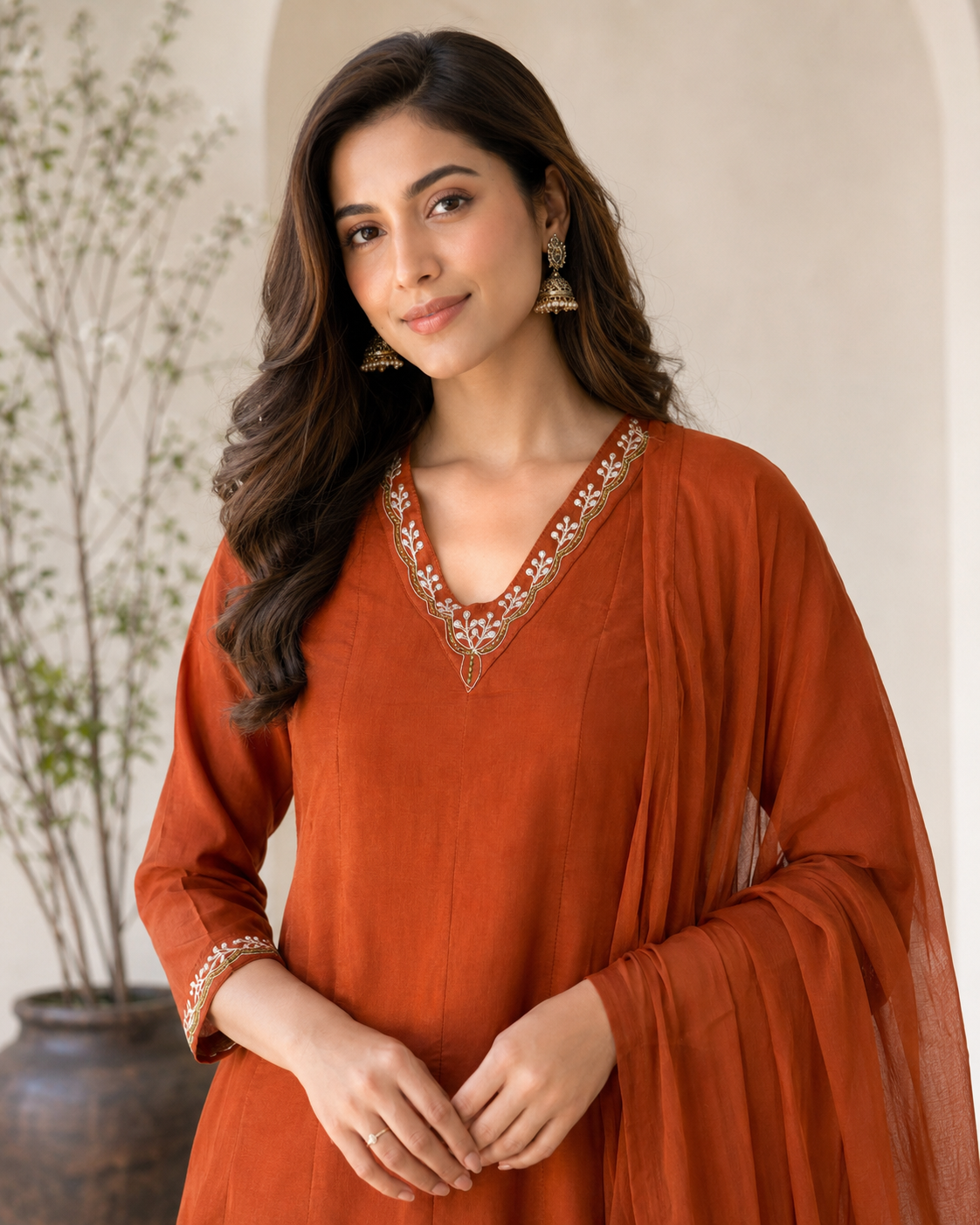 Rust Terracotta Embroidered Kurta Pant Dupatta Set