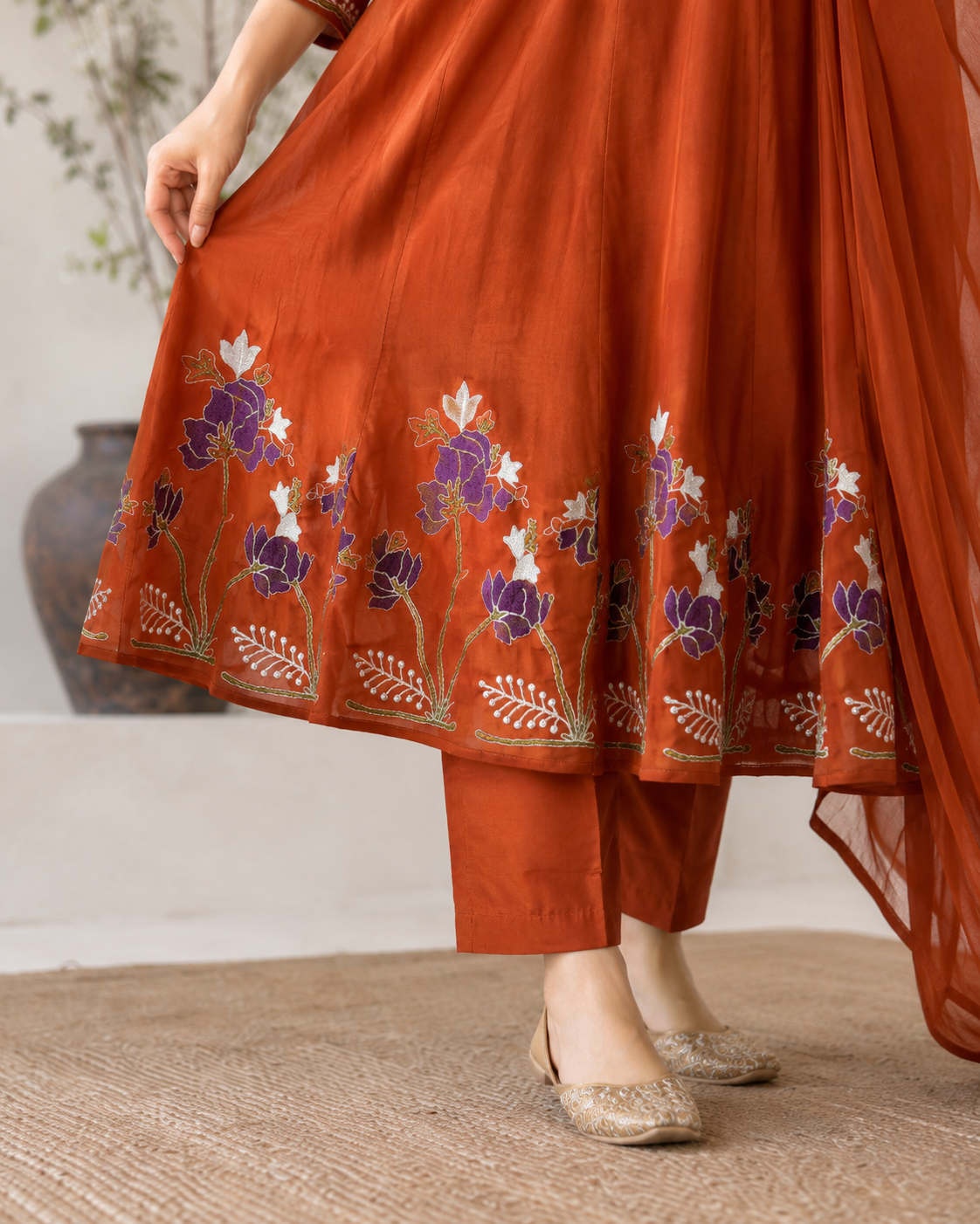 Rust Terracotta Embroidered Kurta Pant Dupatta Set