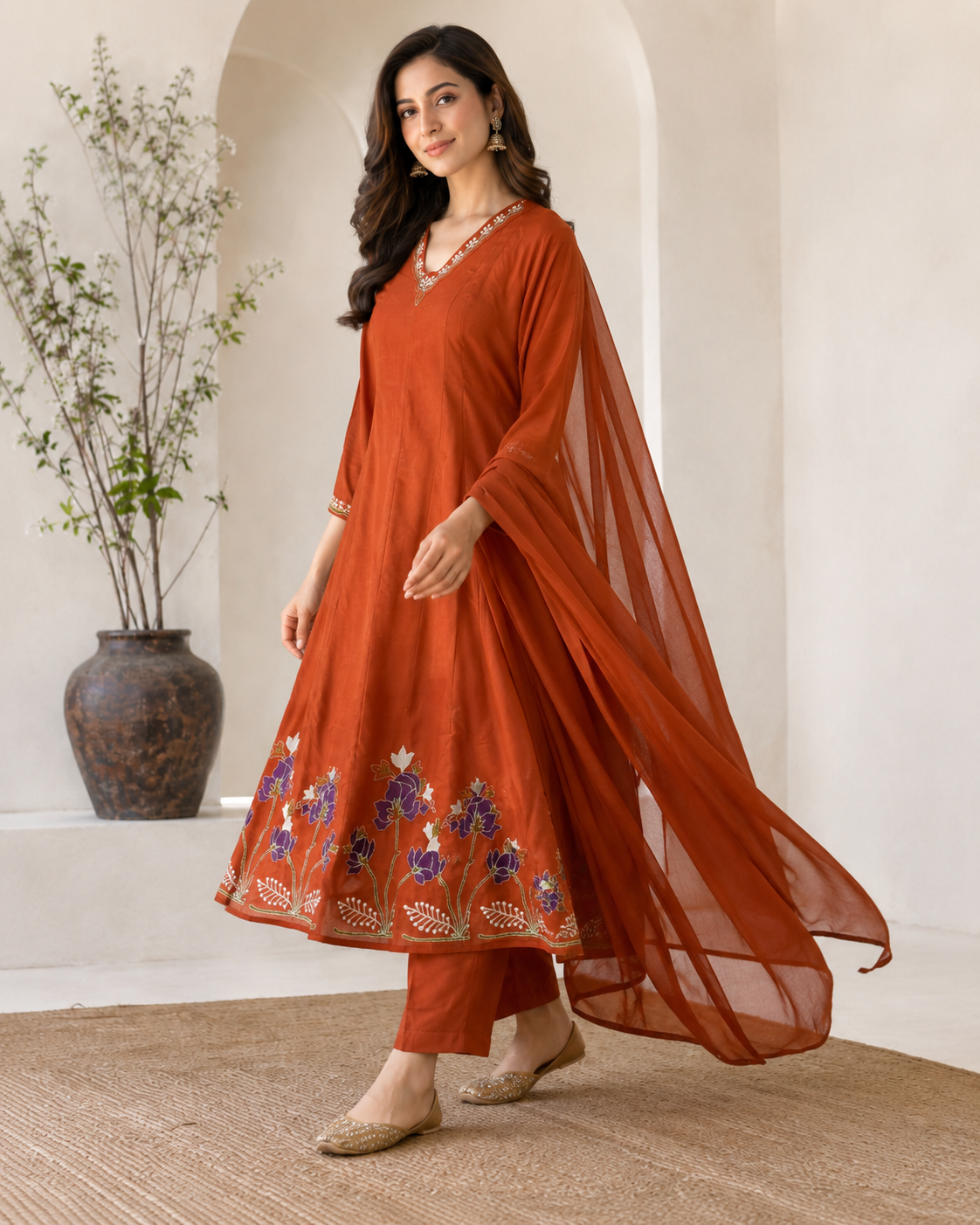 Rust Terracotta Embroidered Kurta Pant Dupatta Set