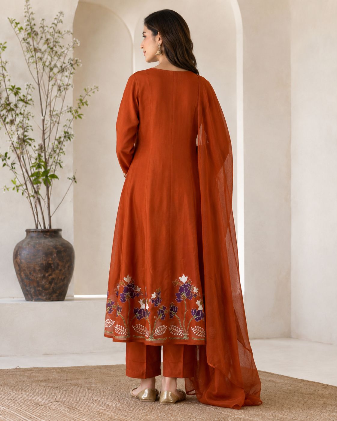 Rust Terracotta Embroidered Kurta Pant Dupatta Set