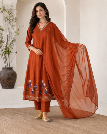 Rust Terracotta Embroidered Kurta Pant Dupatta Set