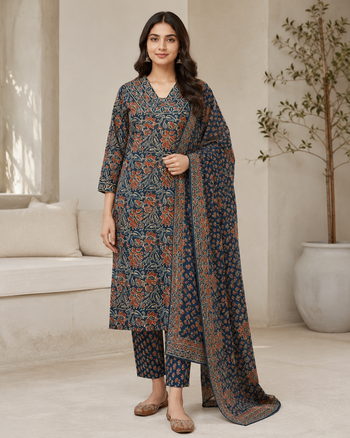 Teal Blue Floral Printed Kurta Pant Dupatta Set