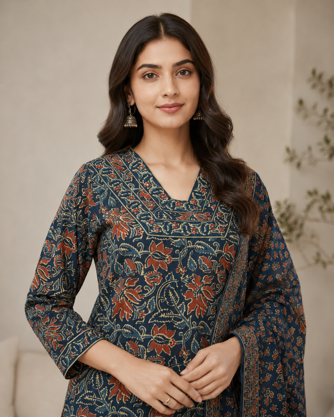 Teal Blue Floral Printed Kurta Pant Dupatta Set