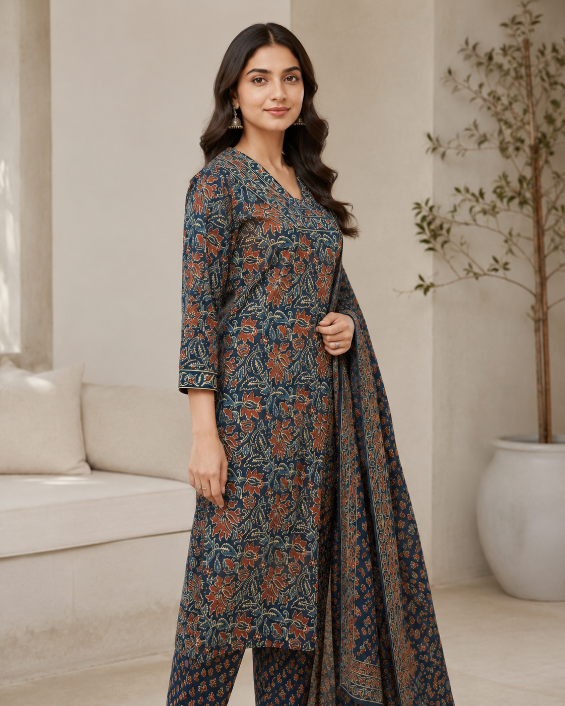 Teal Blue Floral Printed Kurta Pant Dupatta Set