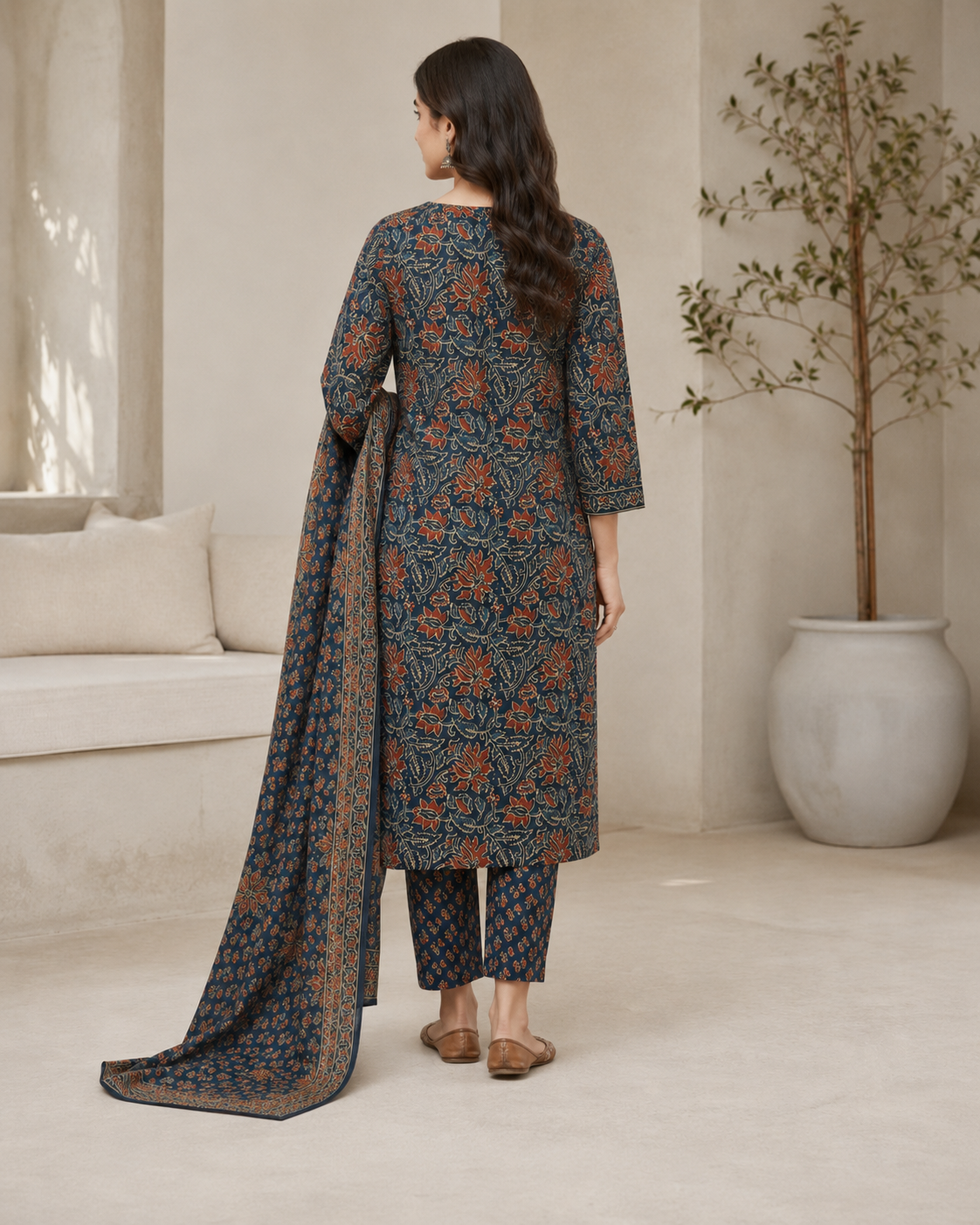 Teal Blue Floral Printed Kurta Pant Dupatta Set