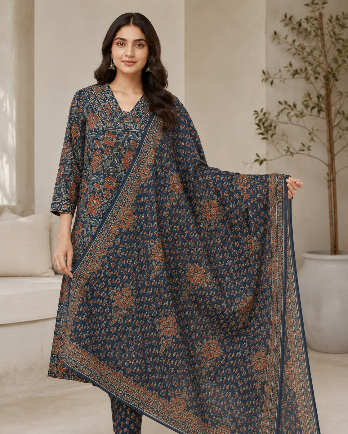 Teal Blue Floral Printed Kurta Pant Dupatta Set