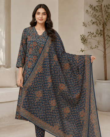 Teal Blue Floral Printed Kurta Pant Dupatta Set