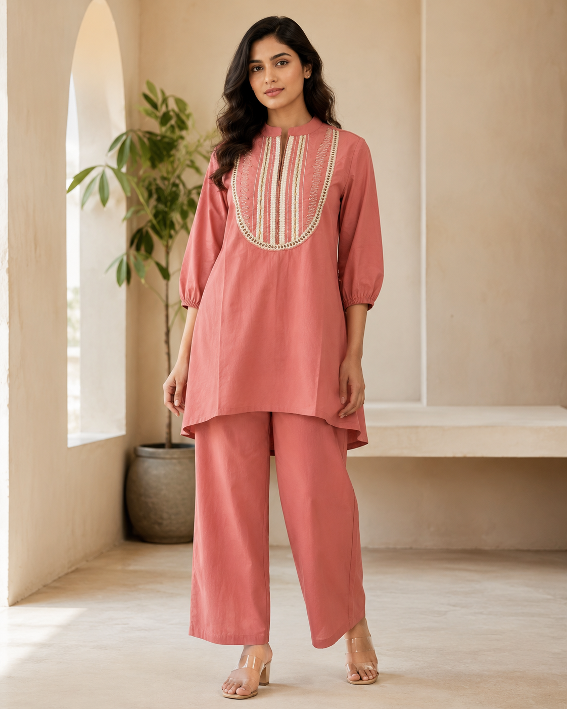 Dusty Rose Embroidered Kurta Pant Co-ord Set