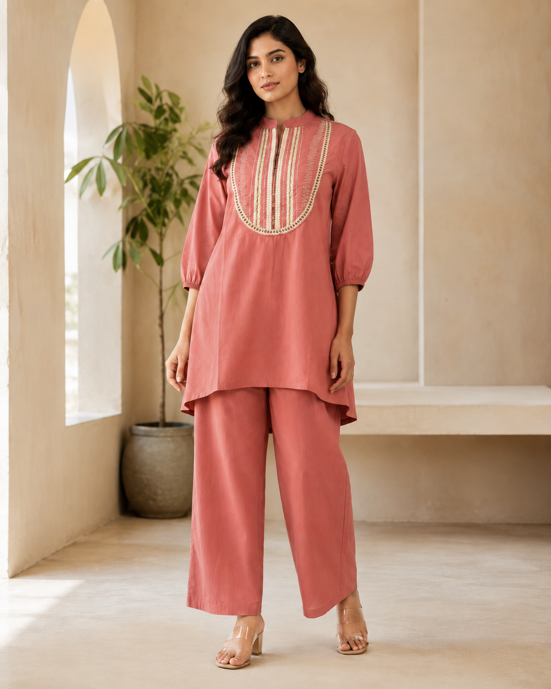 Dusty Rose Embroidered Kurta Pant Co-ord Set