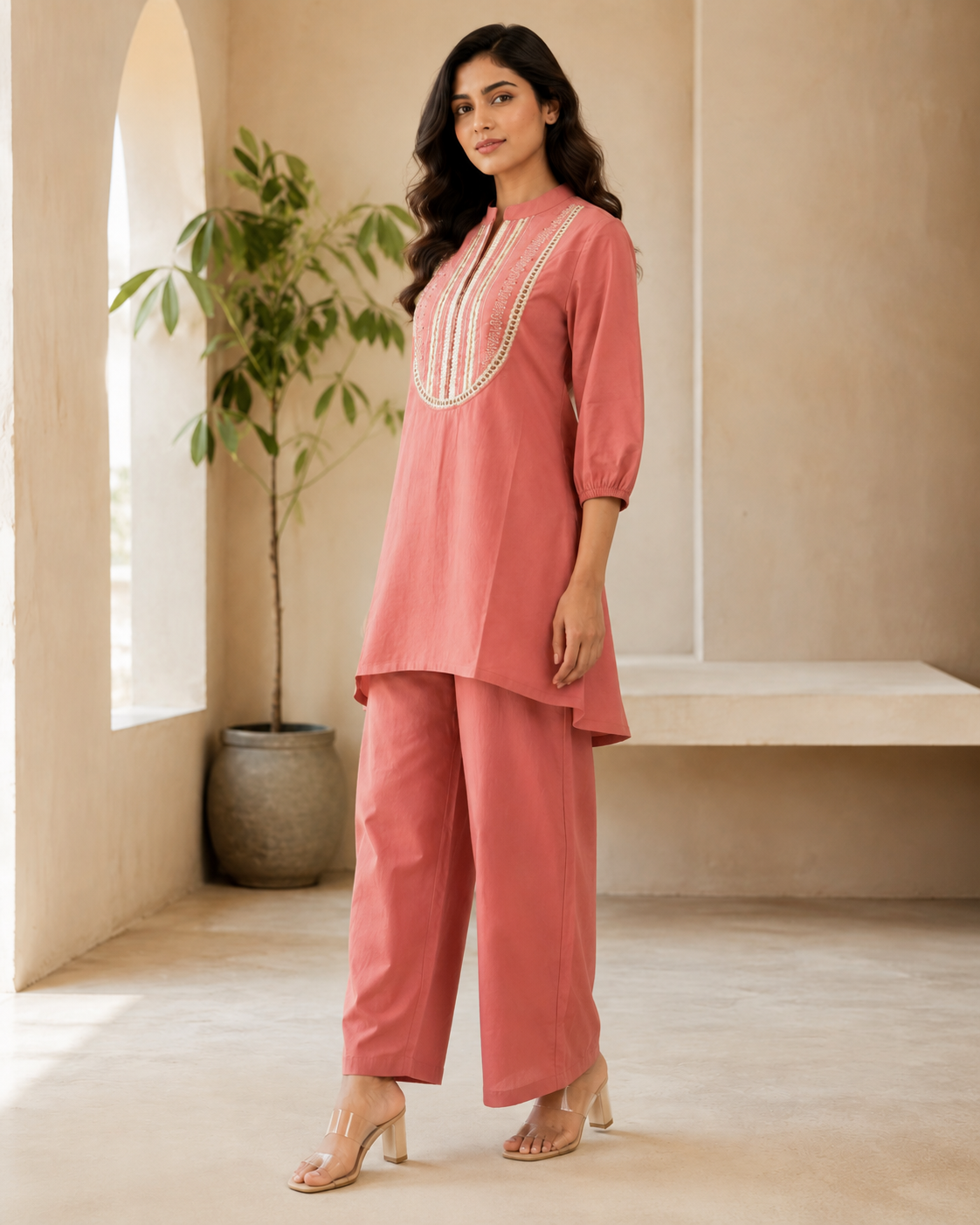 Dusty Rose Embroidered Kurta Pant Co-ord Set