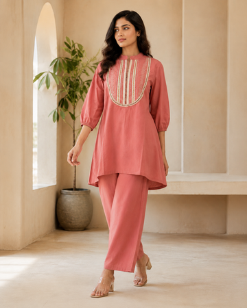 Dusty Rose Embroidered Kurta Pant Co-ord Set