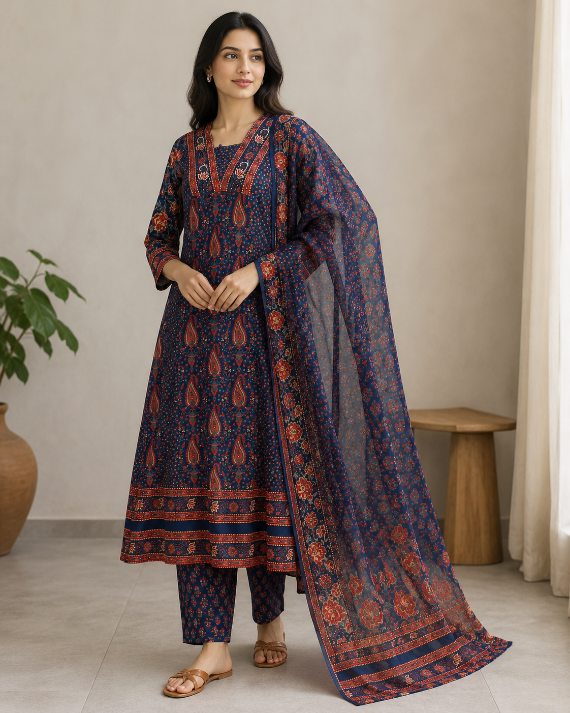 Navy Blue Ajrakh Printed Cotton Kurta Set with Dupatta for Women