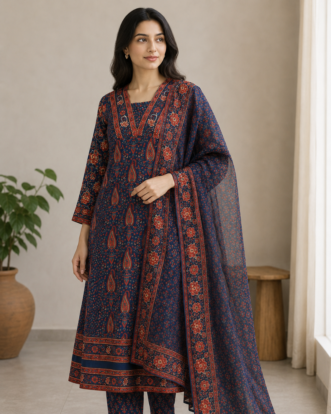 Navy Blue Ajrakh Printed Cotton Kurta Set with Dupatta for Women