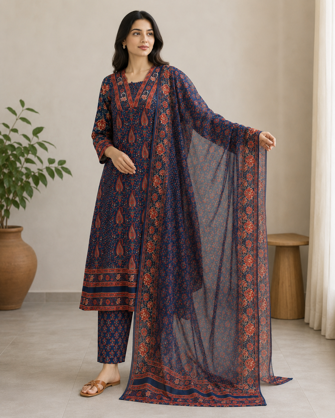 Navy Blue Ajrakh Printed Cotton Kurta Set with Dupatta for Women
