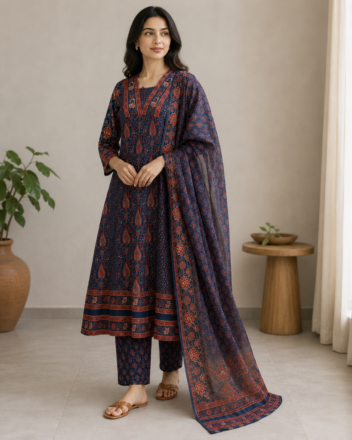 Navy Blue Ajrakh Printed Cotton Kurta Set with Dupatta for Women