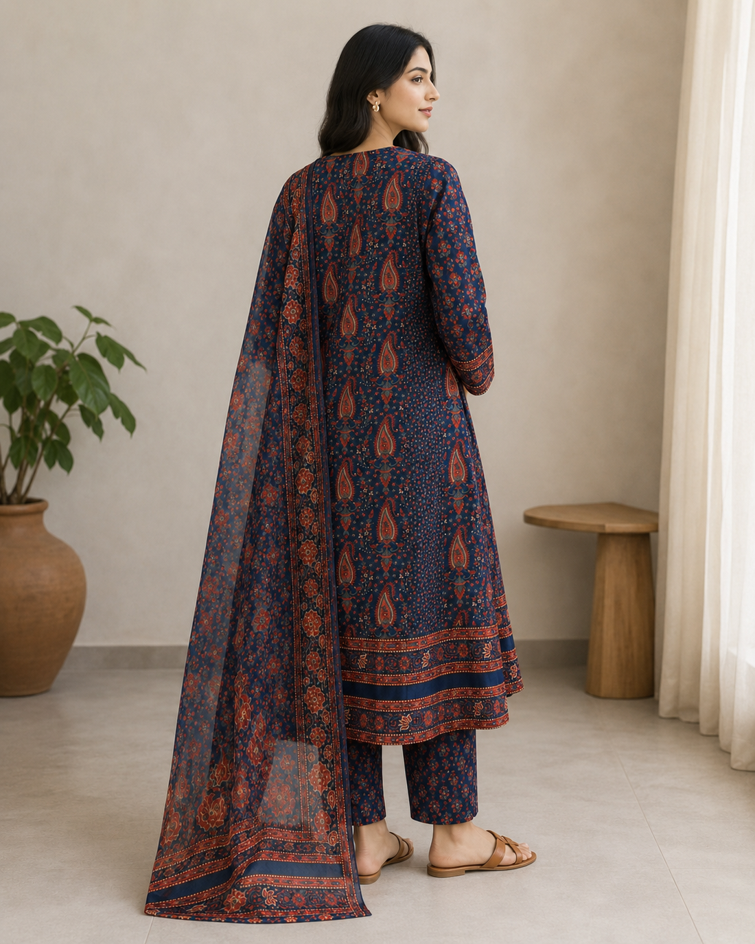 Navy Blue Ajrakh Printed Cotton Kurta Set with Dupatta for Women