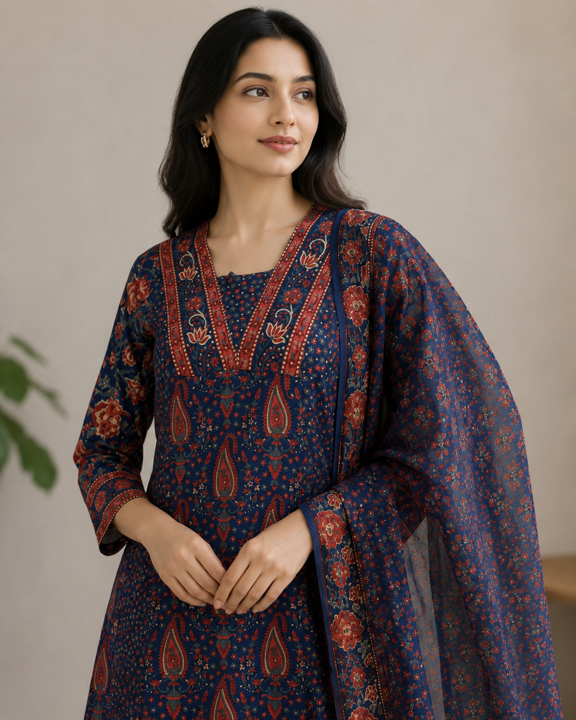 Navy Blue Ajrakh Printed Cotton Kurta Set with Dupatta for Women