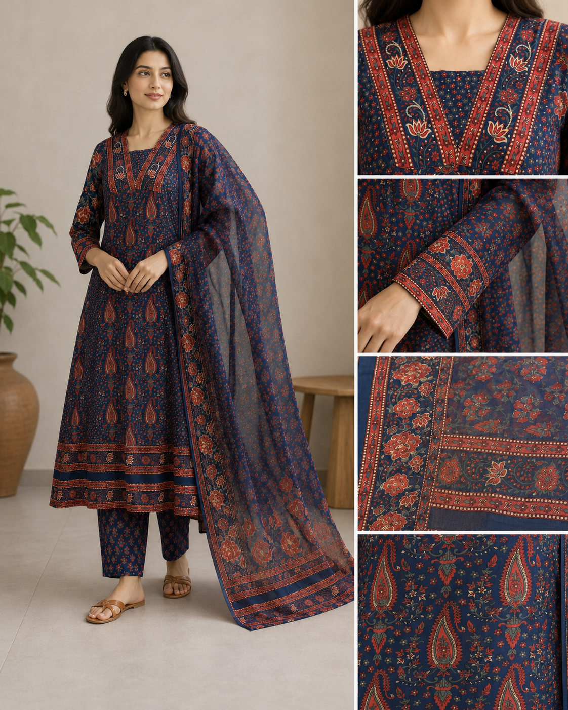 Navy Blue Ajrakh Printed Cotton Kurta Set with Dupatta for Women