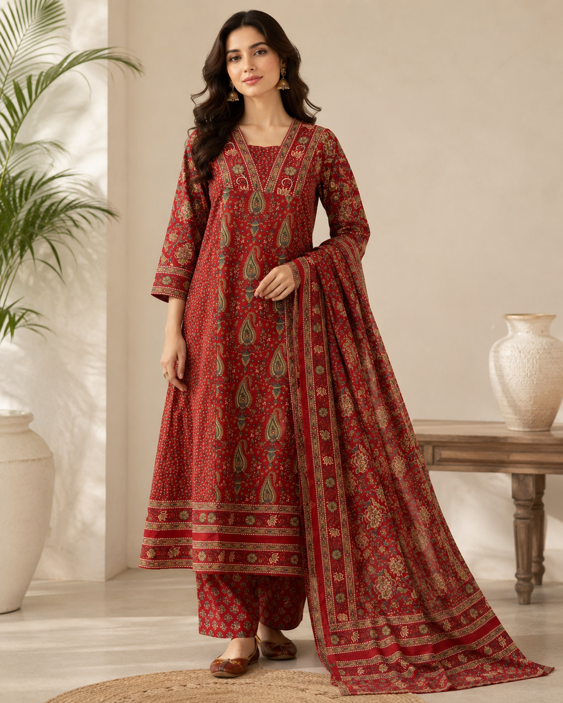 Maroon Ajrakh Printed Cotton Kurta Set with Dupatta for Women