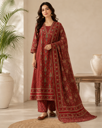 Maroon Ajrakh Printed Cotton Kurta Set with Dupatta for Women