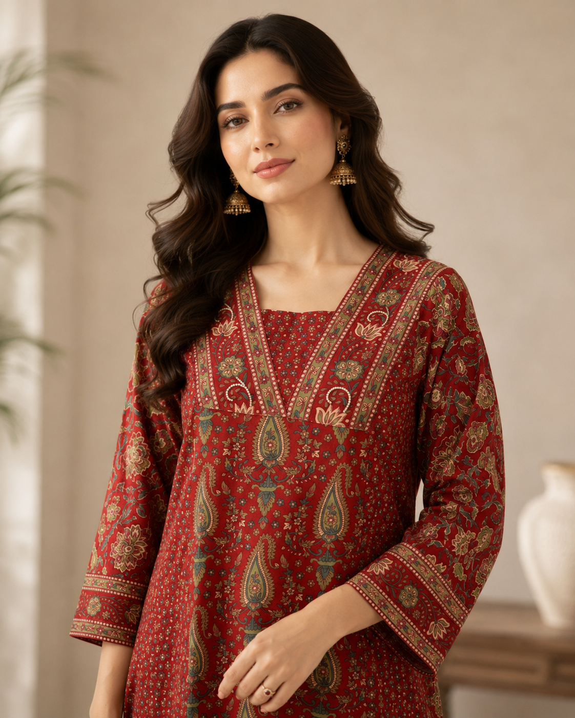 Maroon Ajrakh Printed Cotton Kurta Set with Dupatta for Women