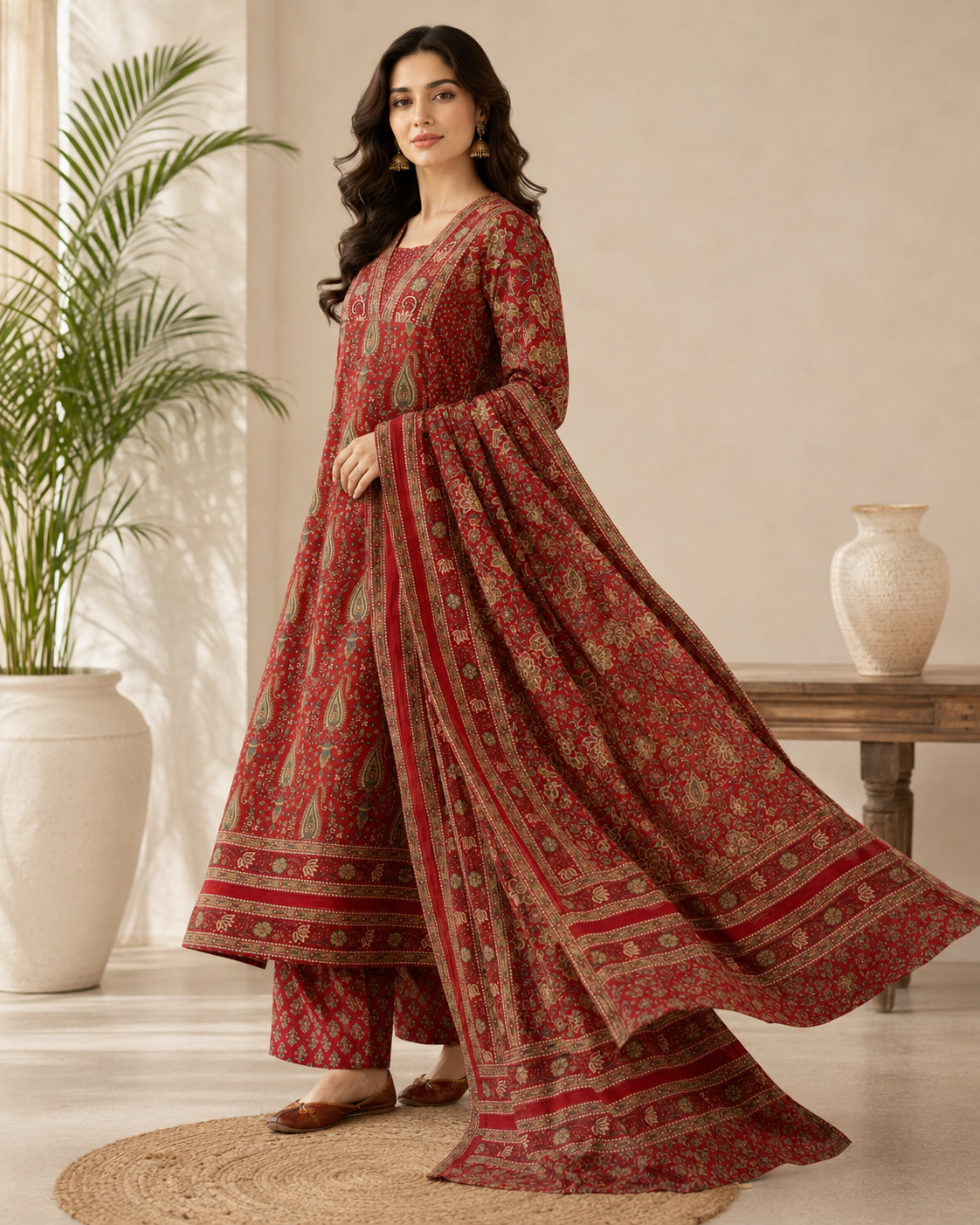 Maroon Ajrakh Printed Cotton Kurta Set with Dupatta for Women