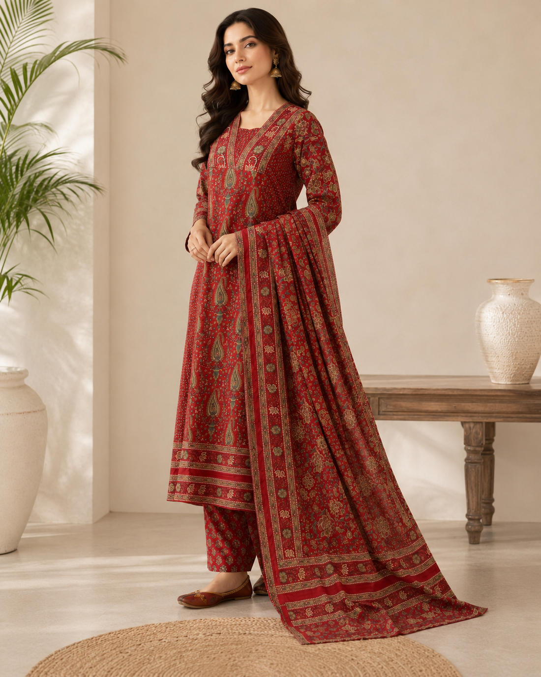 Maroon Ajrakh Printed Cotton Kurta Set with Dupatta for Women