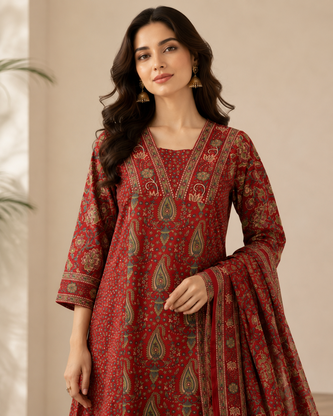 Maroon Ajrakh Printed Cotton Kurta Set with Dupatta for Women