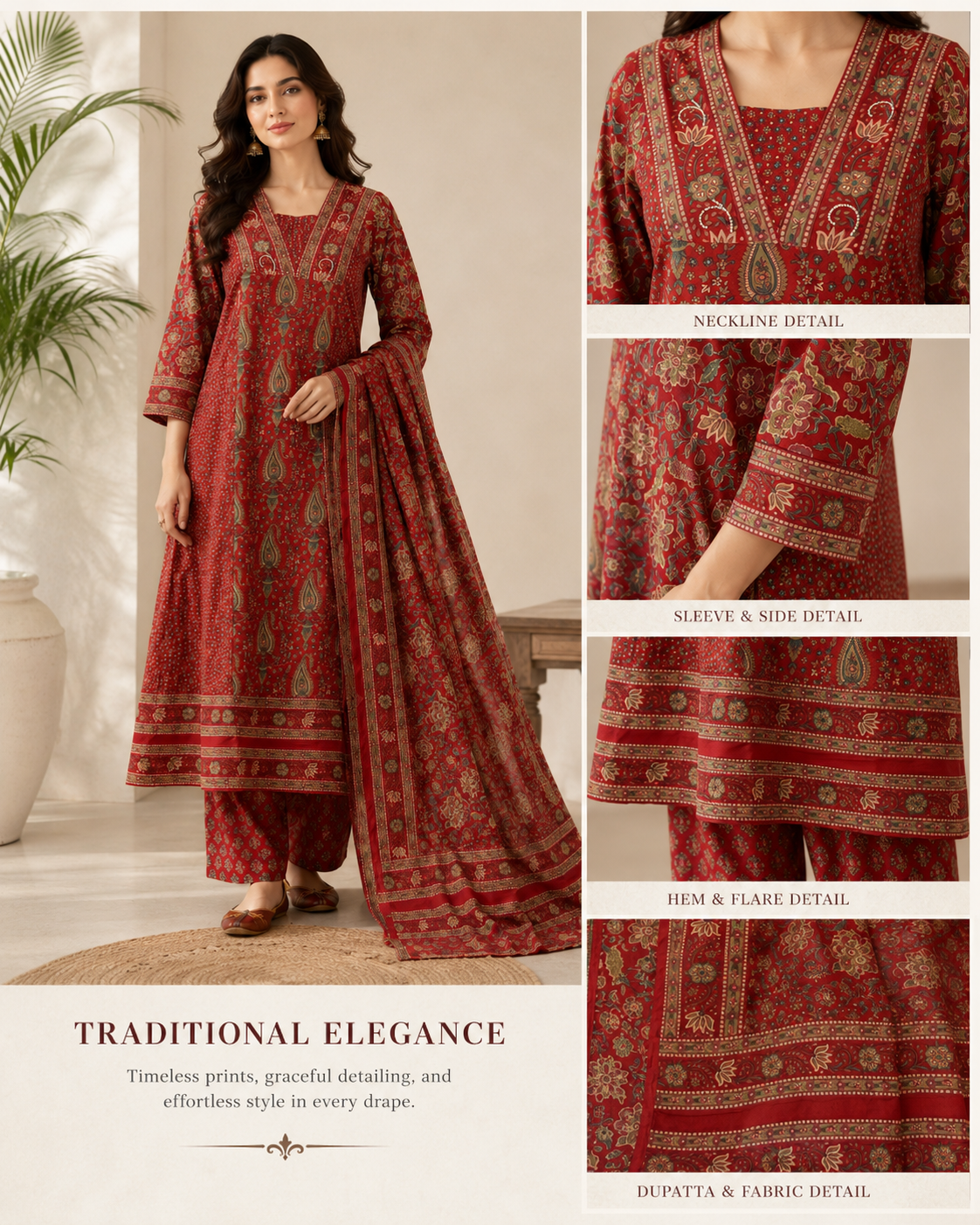 Maroon Ajrakh Printed Cotton Kurta Set with Dupatta for Women