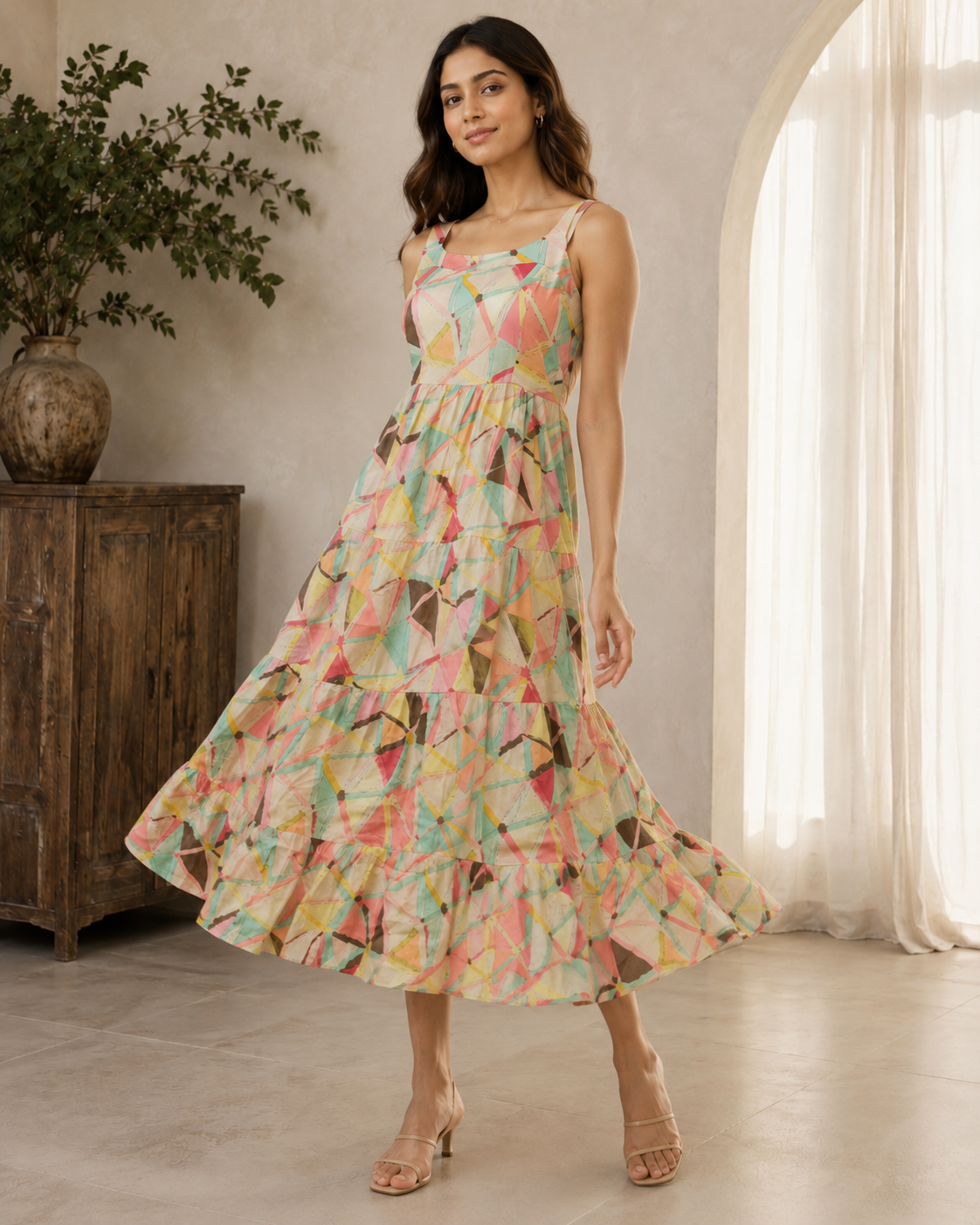 Pastel Geometric Printed Sleeveless Maxi Dress for Women