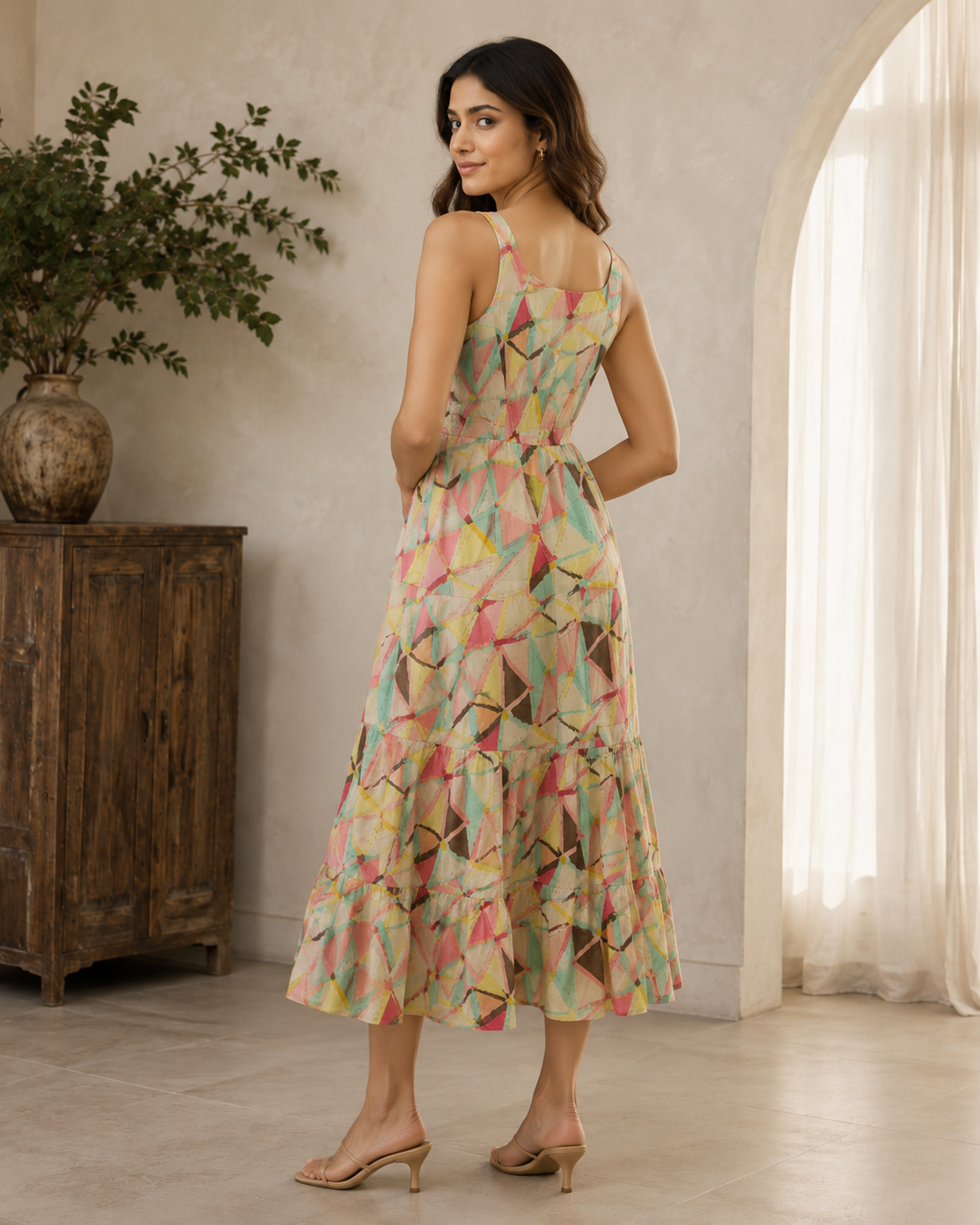 Pastel Geometric Printed Sleeveless Maxi Dress for Women